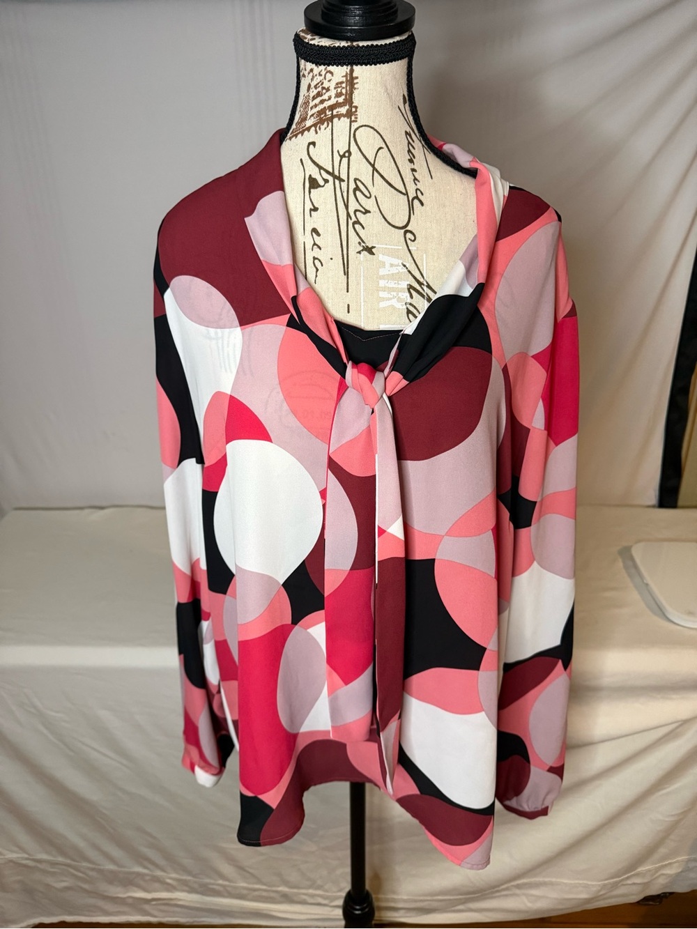 Nine West Pink, Black and White Geometric Tie-Neck Blouse